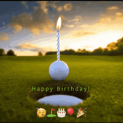A Birthday Card With A Golf Ball With A Candle On It And The Words Happy Birthday GIF