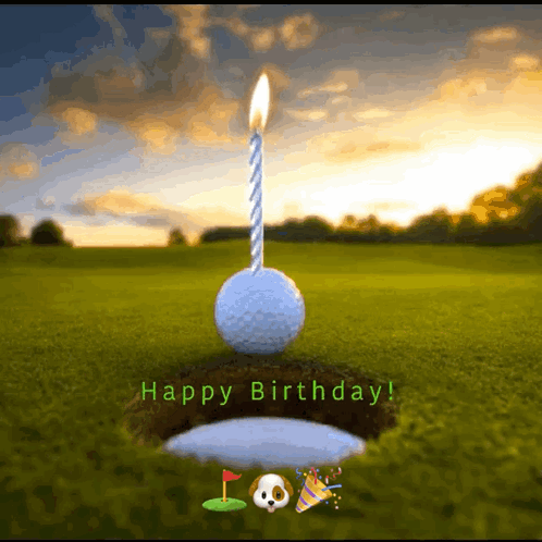A Birthday Card With A Golf Ball With A Candle On Top Of It GIF