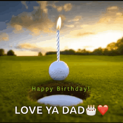 A Birthday Card With A Golf Ball With A Candle On Top Of It GIF