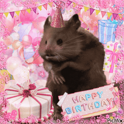 A Birthday Card With A Hamster Wearing A Party Hat And Holding A Sign That Says Happy Birthday GIF
