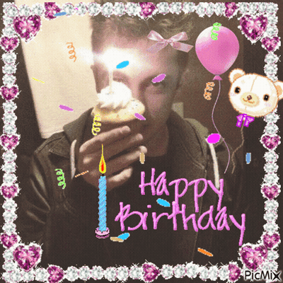 A Birthday Card With A Man Holding A Cupcake GIF