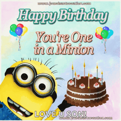 A Birthday Card With A Minion Holding A Cake And The Words Happy Birthday You 'Re One In A Minion GIF