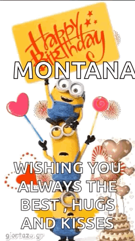 A Birthday Card With A Minion Holding A Sign That Says `` Wishing You Always The Best Hugs And Kisses '' GIF