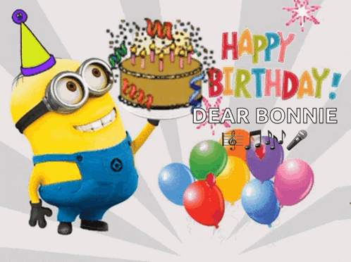 A Birthday Card With A Minion Wearing A Party Hat Holding A Cake GIF