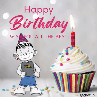 A Birthday Card With A Monkey And A Cupcake With The Words Happy Birthday Wish You All The Best GIF