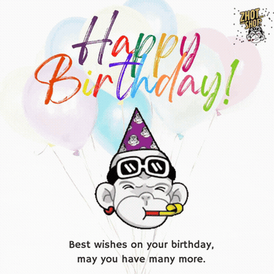 A Birthday Card With A Monkey Wearing Sunglasses And A Party Hat GIF