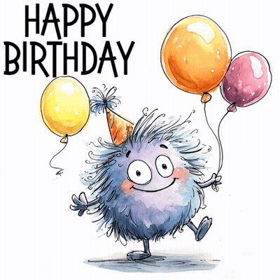 A Birthday Card With A Monster Holding Balloons And The Words Happy Birthday GIF