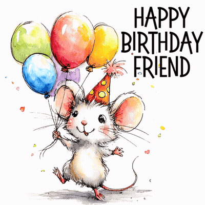 A Birthday Card With A Mouse Holding Balloons And Says Happy Birthday Friend GIF