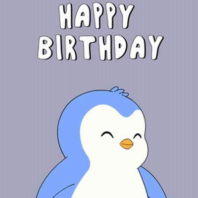 A Birthday Card With A Penguin And Balloons That Says " Happy Birthday " GIF