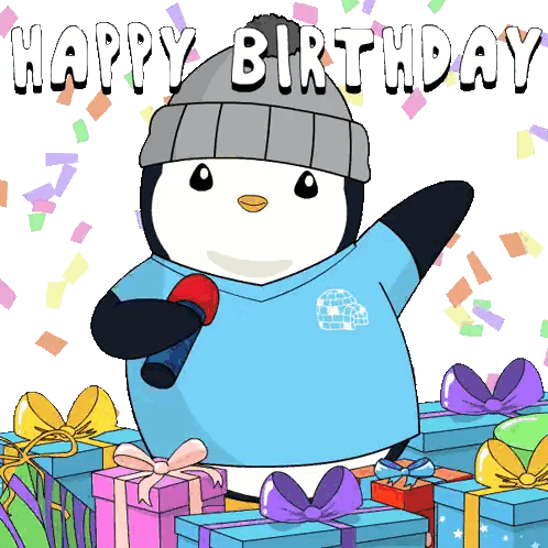 A Birthday Card With A Penguin Holding A Microphone And Gifts Sticker