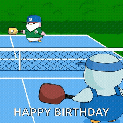 A Birthday Card With A Penguin Playing Tennis GIF