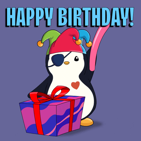 A Birthday Card With A Penguin Wearing A Jester Hat And Holding A Pink Balloon GIF