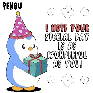 A Birthday Card With A Penguin Wearing A Party Hat And Holding A Gift Sticker
