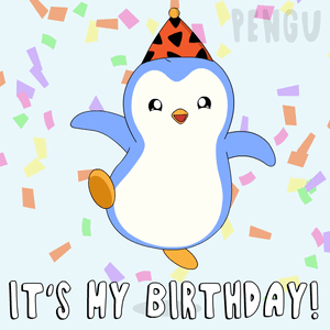 A Birthday Card With A Penguin Wearing A Party Hat And The Words " It 'S My Birthday " GIF