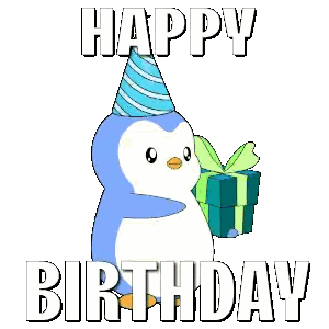 A Birthday Card With A Penguin Wearing A Party Hat Holding A Gift Box Sticker