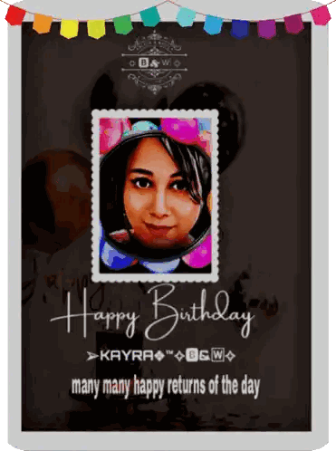 A Birthday Card With A Picture Of A Woman And The Words " Many Many Happy Returns Of The Day " Sticker