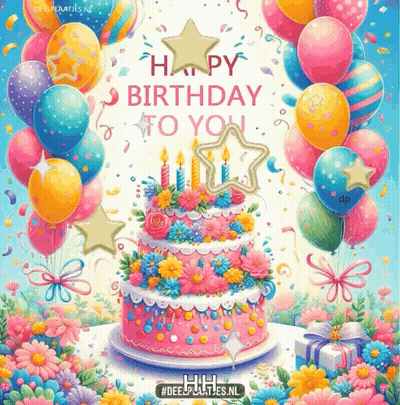 A Birthday Card With A Pink Cake And Balloons Says Happy Birthday To You GIF