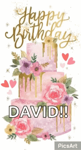A Birthday Card With A Pink Cake And The Name David On It GIF