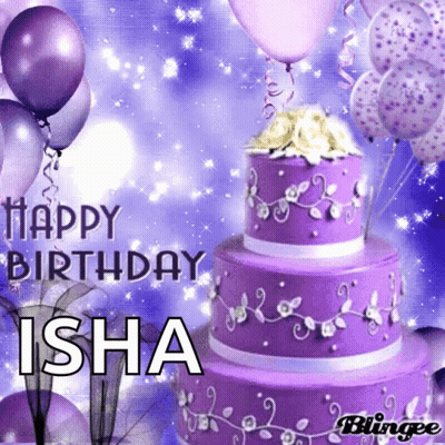 A Birthday Card With A Purple Cake And Balloons Says Happy Birthday Isha GIF