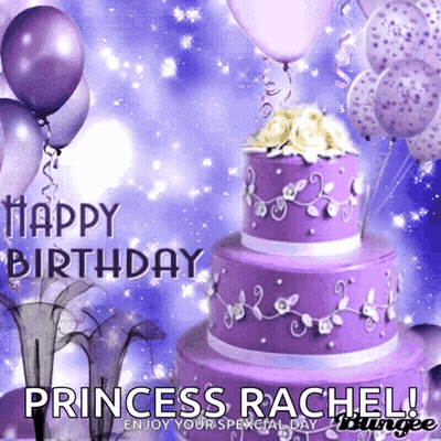 A Birthday Card With A Purple Cake And Balloons Says Happy Birthday Princess Rachel GIF
