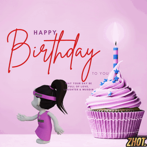 A Birthday Card With A Purple Cupcake And A Little Girl GIF