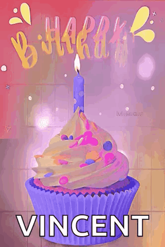 A Birthday Card With A Purple Cupcake With A Lit Candle And The Name Vincent On It . GIF