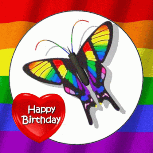 A Birthday Card With A Rainbow Butterfly And A Happy Birthday Heart GIF