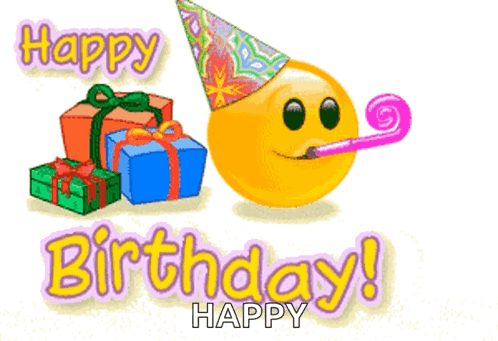 A Birthday Card With A Smiley Face Wearing A Party Hat And Blowing A Party Horn GIF