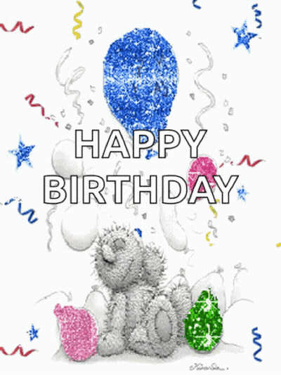 A Birthday Card With A Teddy Bear Holding A Blue Balloon And The Words Happy Birthday GIF