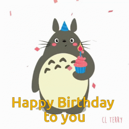 A Birthday Card With A Totoro Holding A Pink Cupcake GIF