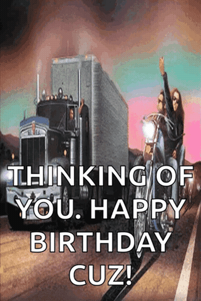 A Birthday Card With A Truck And Two People Riding Motorcycles . GIF