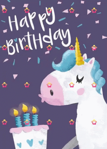 A Birthday Card With A Unicorn Holding A Cake GIF