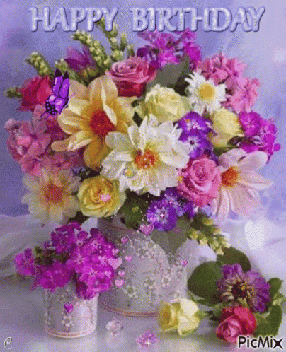 A Birthday Card With A Vase Of Flowers And A Butterfly On It GIF