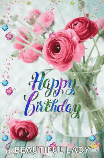A Birthday Card With A Vase Of Pink Roses And The Words Happy Birthday GIF