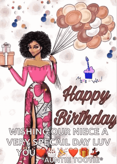 a birthday card with a woman holding balloons and a gift box .