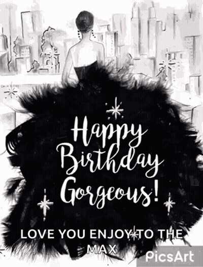 A Birthday Card With A Woman In A Black Dress GIF