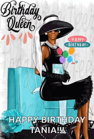 A Birthday Card With A Woman In A Black Dress GIF