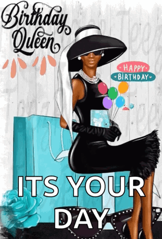 A Birthday Card With A Woman In A Black Dress And Hat Holding Balloons GIF