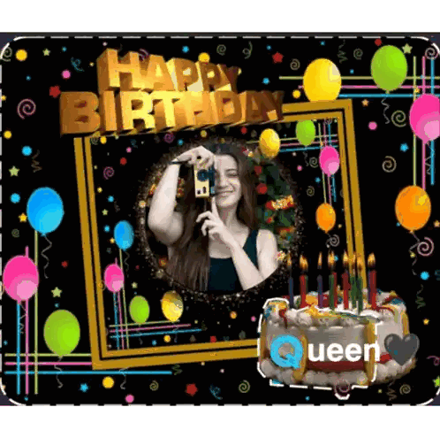 A Birthday Card With A Woman Taking A Picture Of Herself And A Cake Sticker