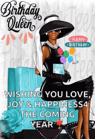 A Birthday Card With A Woman Wearing A Hat And Holding Balloons GIF