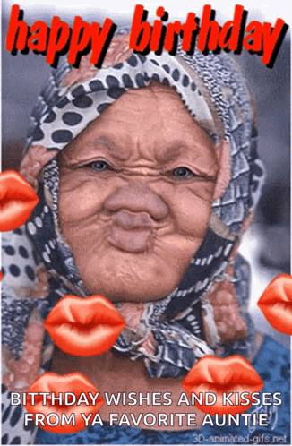 A Birthday Card With A Woman Wearing A Scarf And Kisses GIF