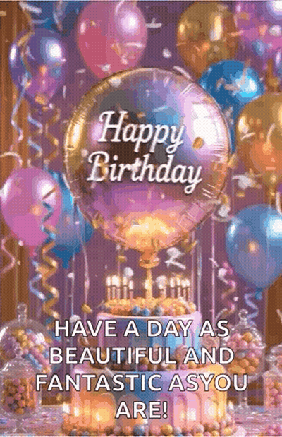 A Birthday Card With Balloons , A Cake , And A Balloon That Says `` Happy Birthday '' . GIF