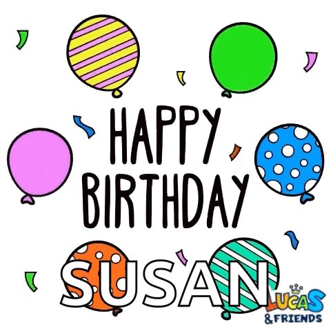 A Birthday Card With Balloons And The Name Susan On It . GIF
