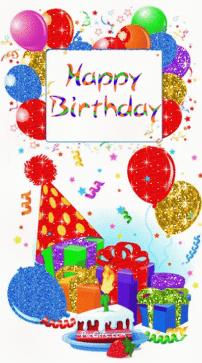 A Birthday Card With Balloons Gifts And A Cake GIF