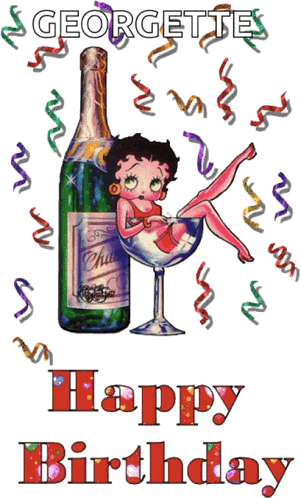 A Birthday Card With Betty Boop Sitting In A Glass Of Champagne GIF