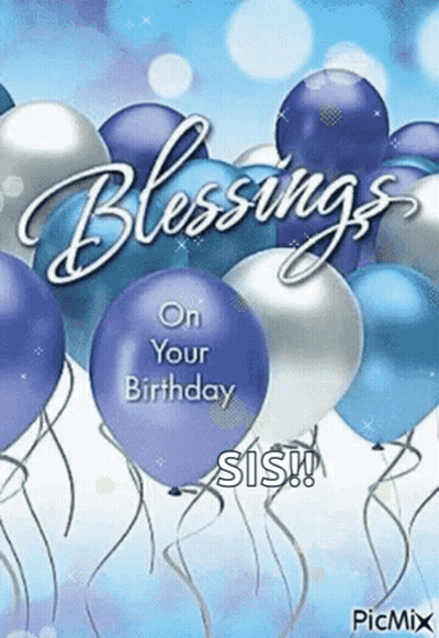 A Birthday Card With Blue And Silver Balloons And The Words Blessings On Your Birthday GIF