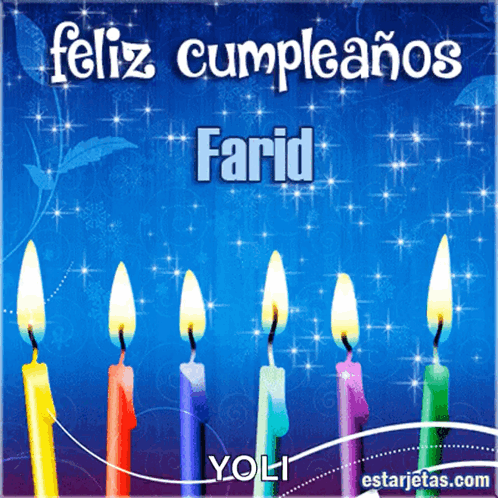 A Birthday Card With Candles And The Name Farid On It GIF