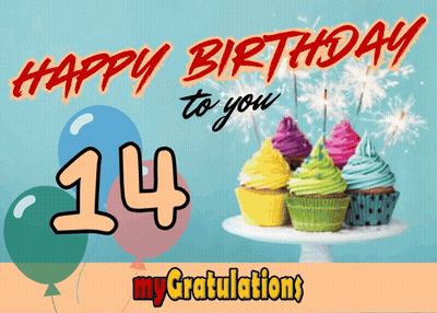 A Birthday Card With Cupcakes And Balloons And The Number 14 GIF