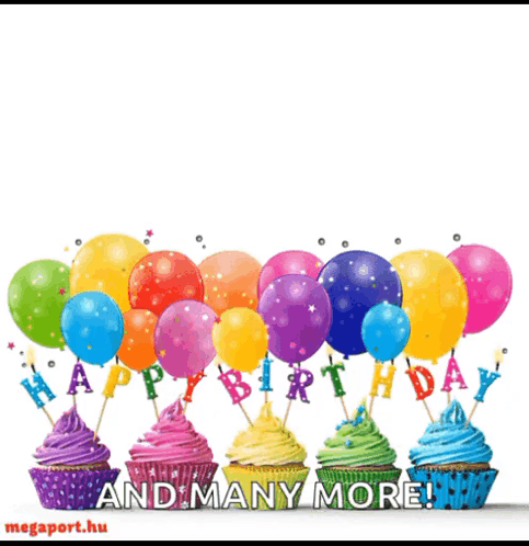 A Birthday Card With Cupcakes And Balloons And The Words Happy Birthday And Many More GIF