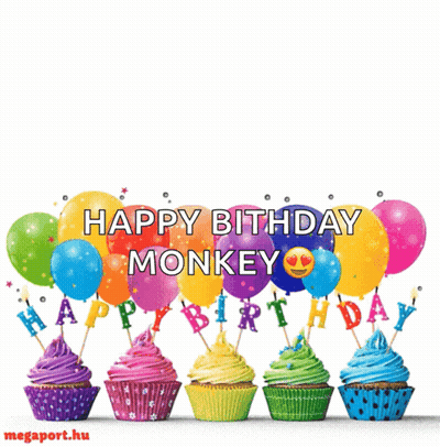 A Birthday Card With Cupcakes And Balloons Says Happy Birthday Monkey GIF